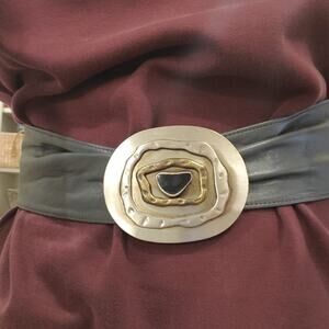 VTG 1980s Brutalist Silver Buckle Cabochon BELT Gray Pleat Leather Medium M 33"